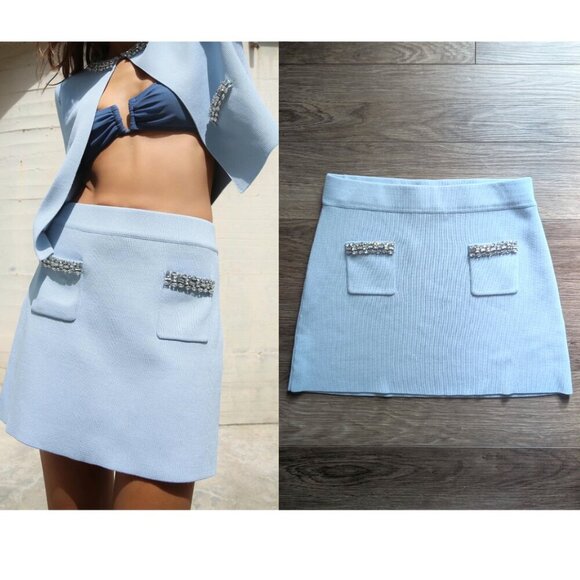 Zara Dresses & Skirts - Zara | Knit Mini Skirt With Rhinestones In Light Blue